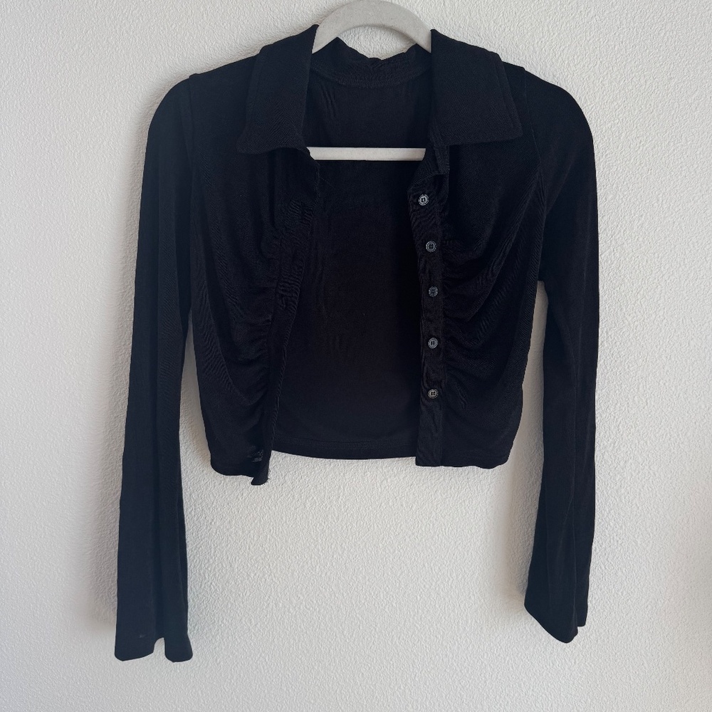 Black Button Down Shiny Blouse - image 4